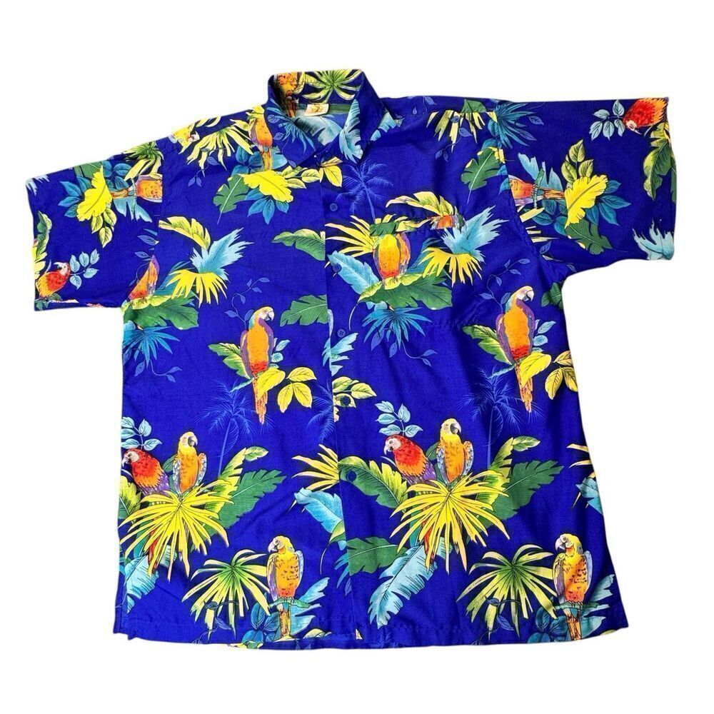 Vintage Barefoot Attitude Sz L Hawaiian Shirt Parrot Palm Print Blue Tropical